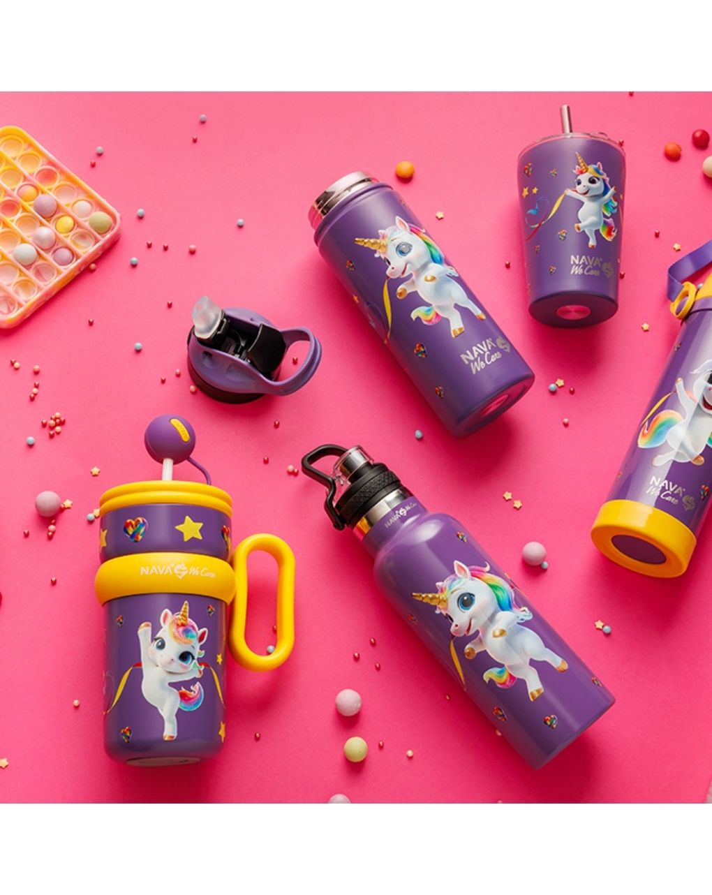 Nava θερμός tumbler ανοξείδωτο με καλαμάκι "we care" purple unicorn 540ml 10-016-141 - Nava