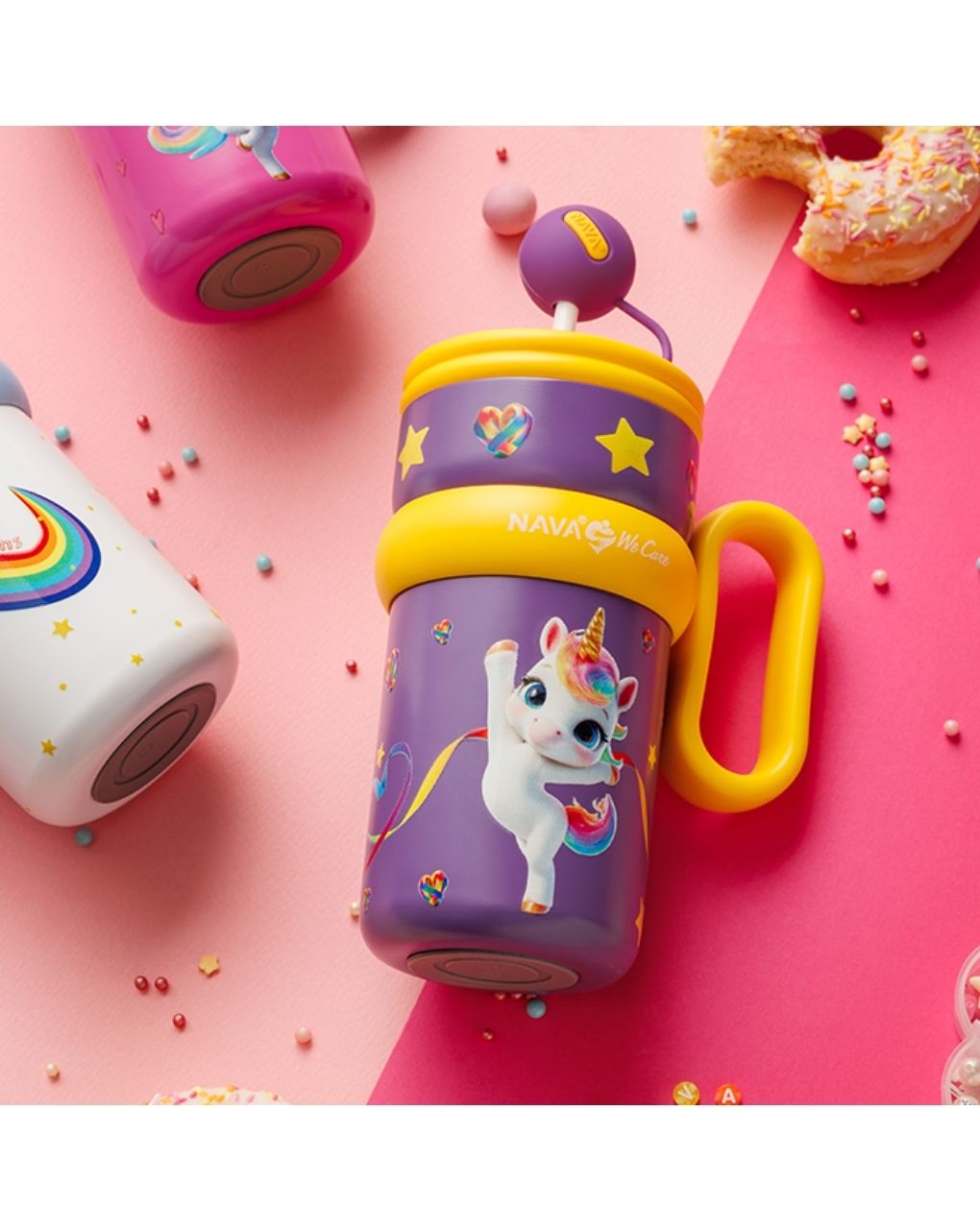 Nava θερμός tumbler ανοξείδωτο με καλαμάκι "we care" purple unicorn 540ml 10-016-141 - Nava